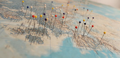 Map of the world with pins